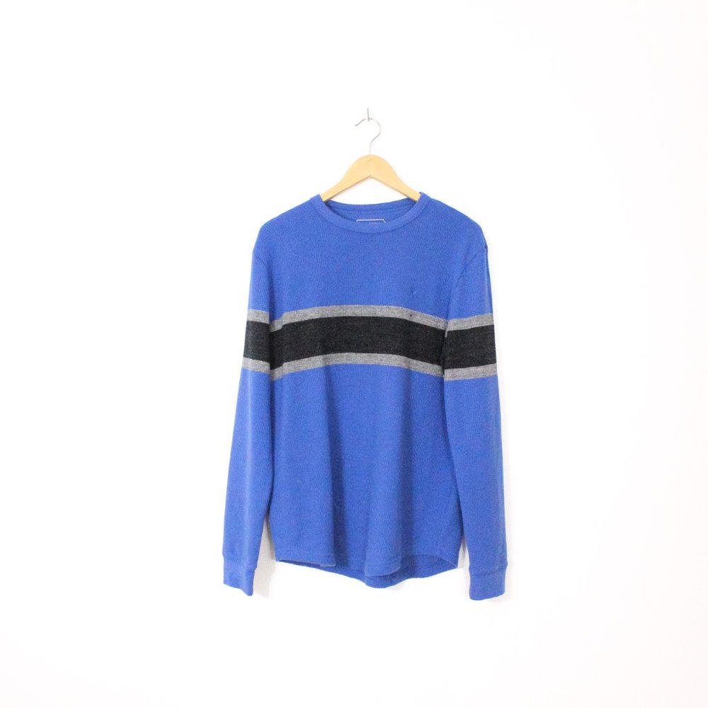 *American Eagle Blue, Black and Grey Striped Crew Neck Long Sleeve